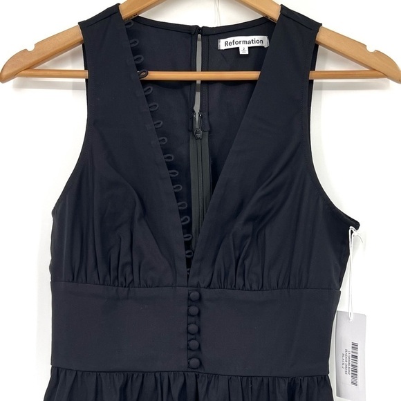 REFORMATION BLACK BUTTON MINI Isador Dress SIZE 2 Fitted waist low V summer mini - Picture 4 of 9
